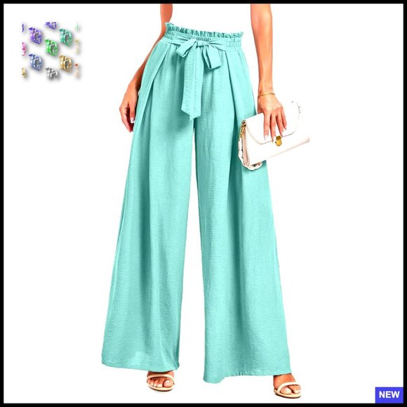 Pants - Wide Leg Palazzo Pants High Waisted Tie Knot Trousers Flowy Work Casual
